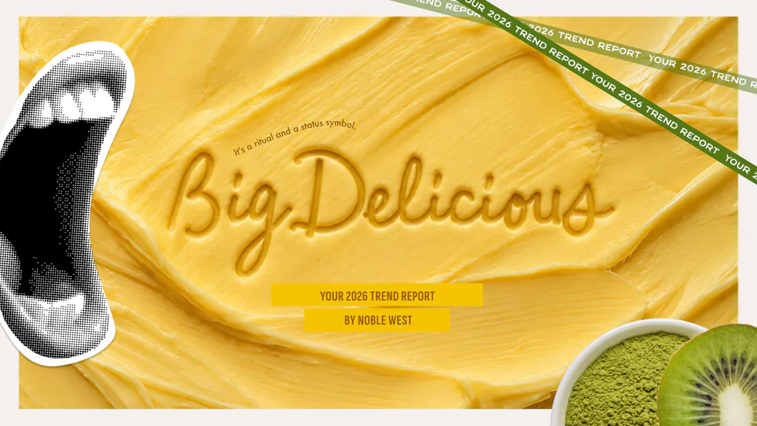Big Delicious: your new food obsession, the 2026 trend report. A yellow plate surrounded by a mouth, chopsticks and a lime.