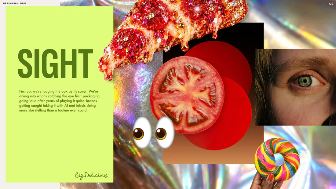 Sight: food branding that catches the eye. A collage of pizza, a tomato, a lollipop and a close-up eye.